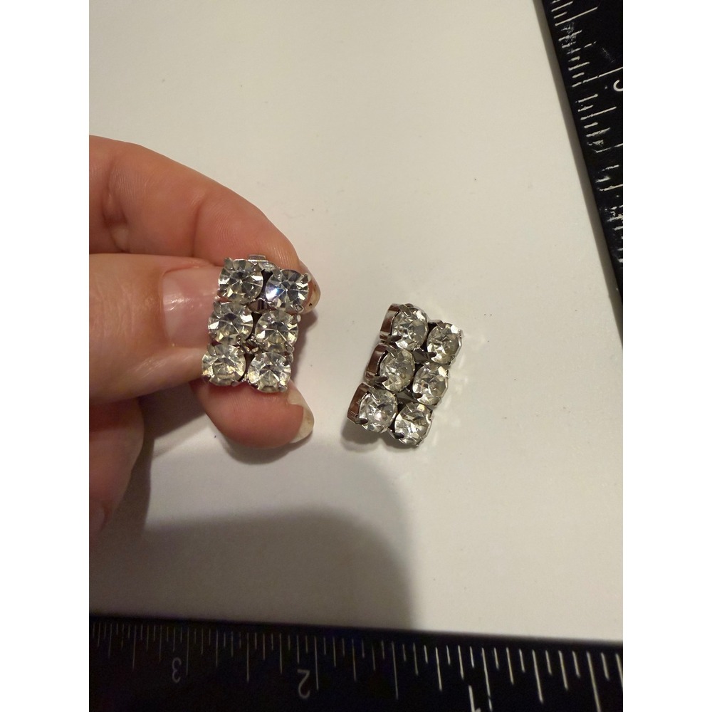 Vintage Silver Tone Clear Rhinestone Cluster Clip On Earrings Rectangular